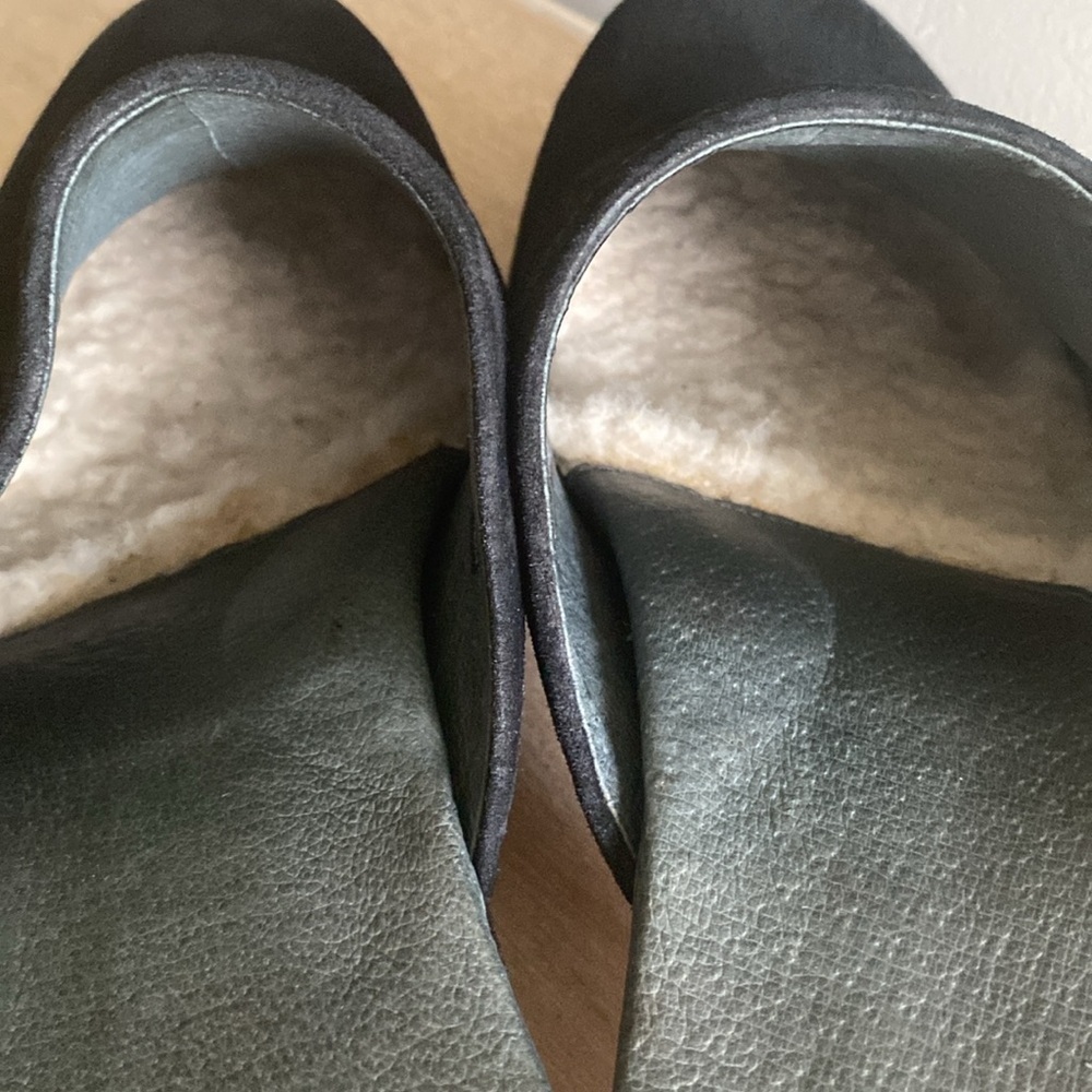 UGG Black Suede Mules with Tan Wooden Heel - Picture 8 of 13